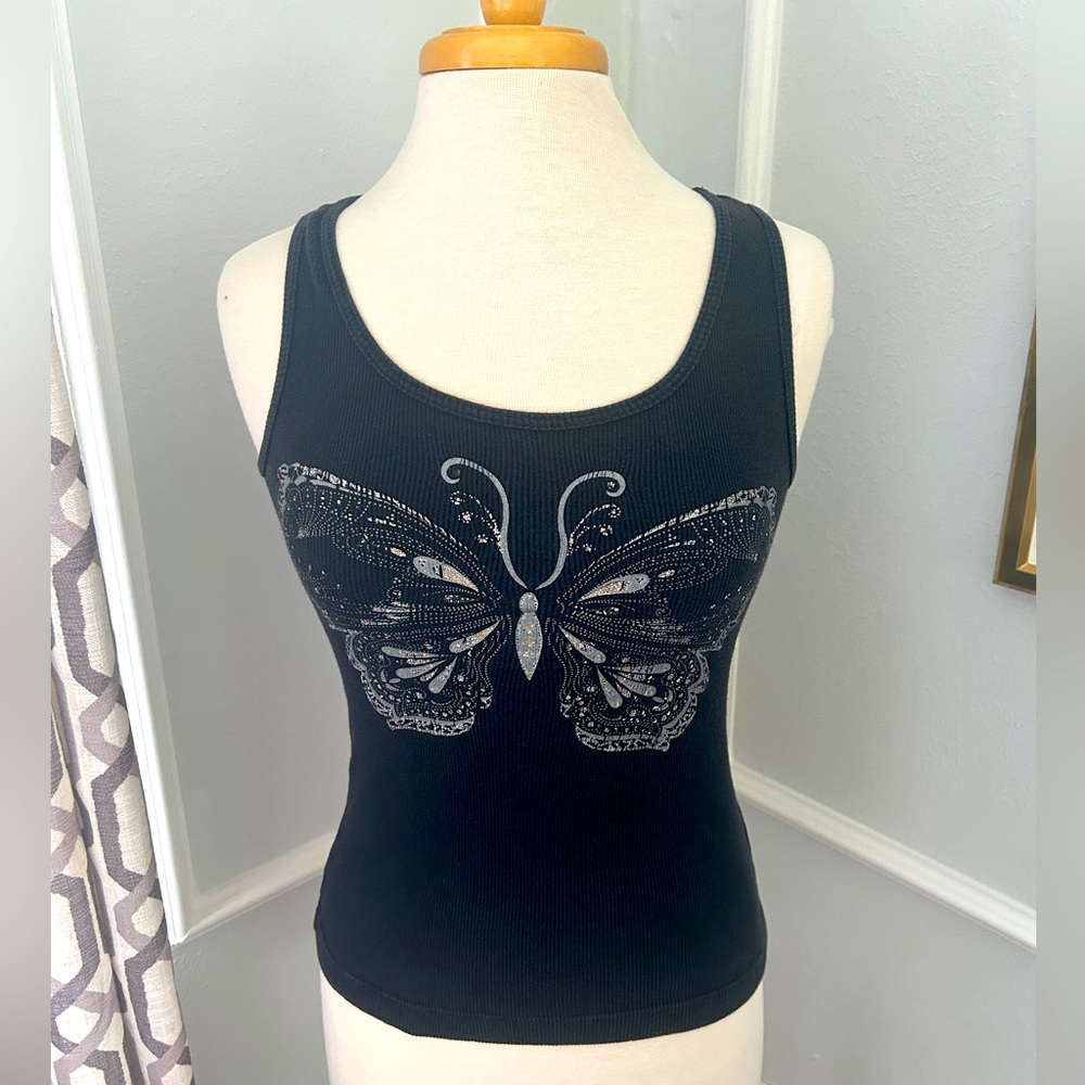 Silver Butterfly Black Ribbed Tank Top